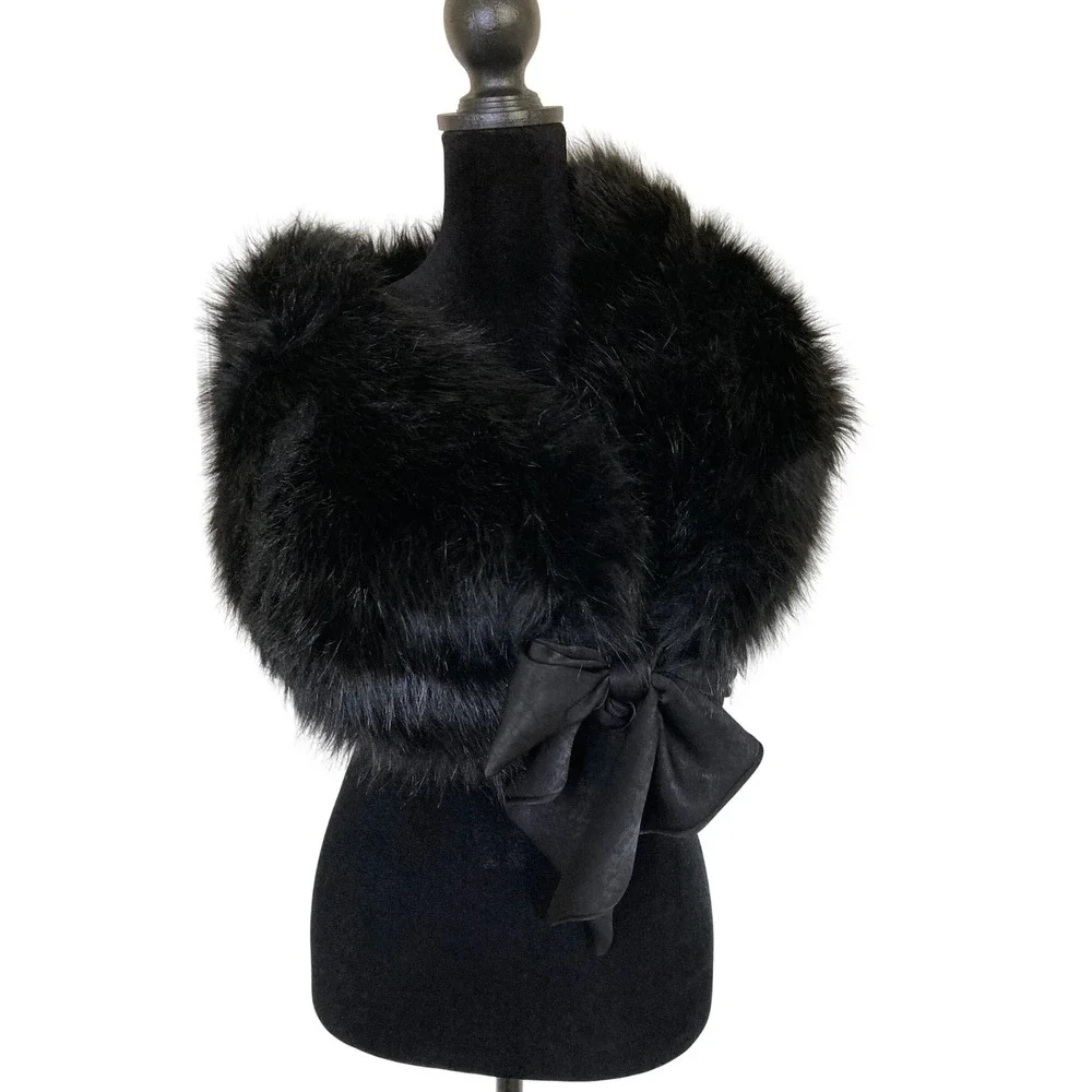 Black Faux Fur Stole Wrap with Front Bow Formal Evening Shrug One Size